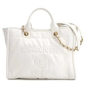 CHANEL Deauville Tote Chain Shoulder Bag Leather White